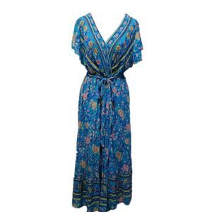 Bloomchic Bohemian Maxi Dress Sz 14 16 Teal Blue Tuscan Floral Cottage Vacation